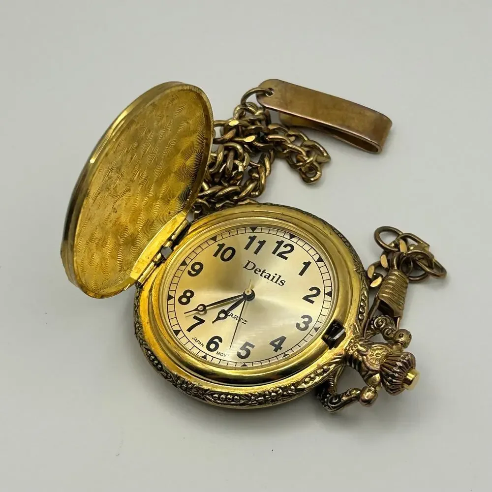 Vintage Details Gold Tone Truck Emblem Cover Pocket Quartz Watch